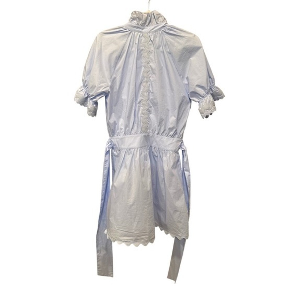 Sundays Full Button Front Mini Dress XS Ruffle Neck Sky Blue Belt Cottagecore - Picture 3 of 11